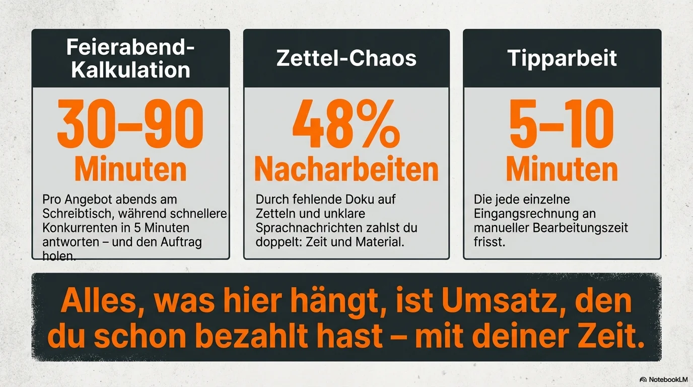 Zeitverlust-Statistiken: 30–90 Minuten Feierabend-Kalkulation, 48% Nacharbeiten durch fehlende Dokumente